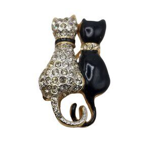 Vintage Brooch Cat Rhinestone Kitty Couple Pin Gold Tone and Black Cats Love